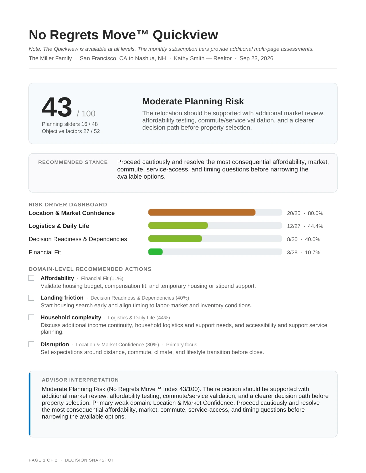 Example No Regrets Move Quickview relocation assessment — page 1 of 2